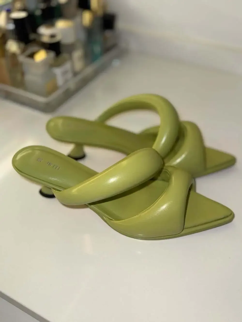 JW Pei Sara Mule Heeled Sandals Size 7.5us 38eu Green Leather
